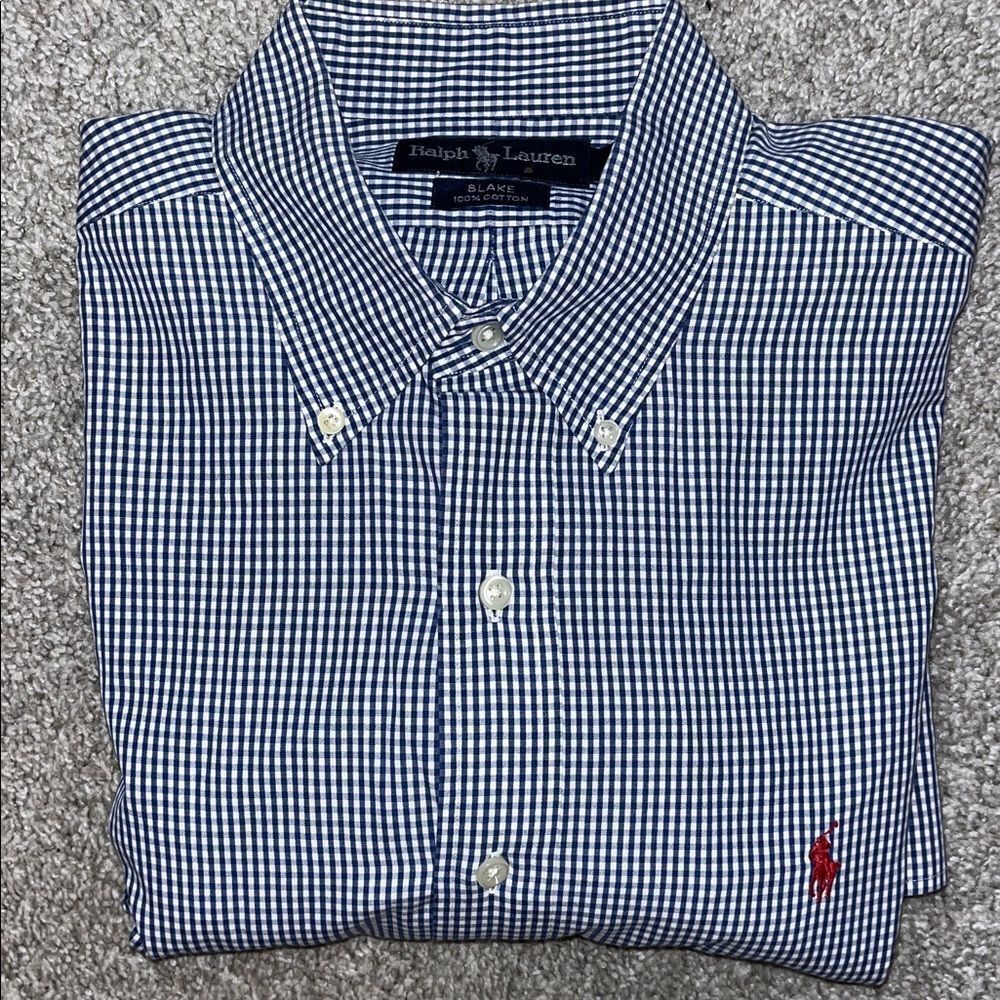 Polo by Ralph Lauren Blue Gingham Checked Plaid Navy Red Pony LS Shirt L Blake
